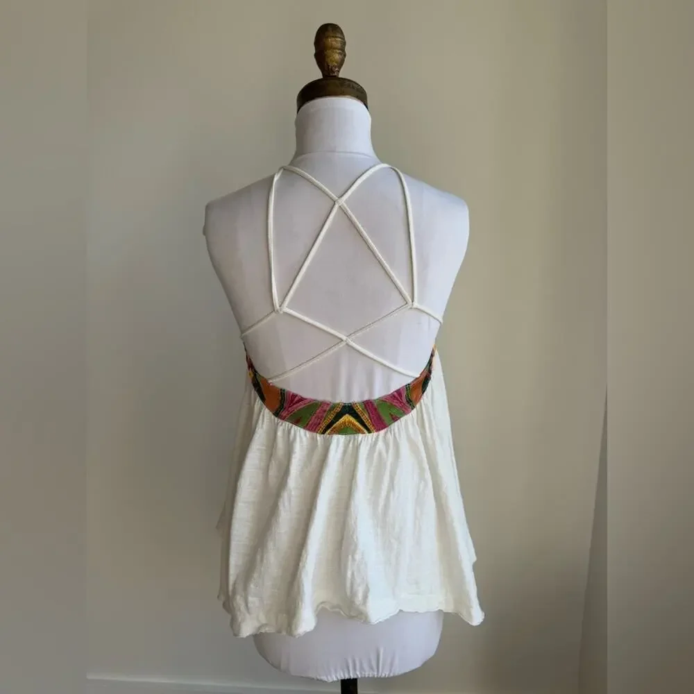 FREE PEOPLE BEACH DATE WHITE FLOWY STRAPPY TANK TOP MULTICOLOR EMBROIDERY